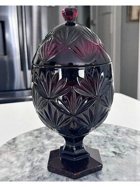 Luminarc Durand Cristal d'Arques Ruby Red Glass Egg Shaped Candy Dish Lid-France